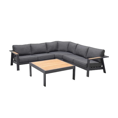 Armen Living Palau 4 Piece Outdoor Sectional Set with Cushions in Dark Gray and Natural Teak Wood Accent SETODPASE4GR